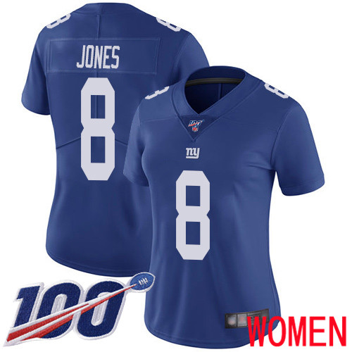 Women New York Giants #8 Daniel Jones Royal Blue Team Color Vapor Untouchable Limited Player 100th Season Football NFL Jersey->women nfl jersey->Women Jersey